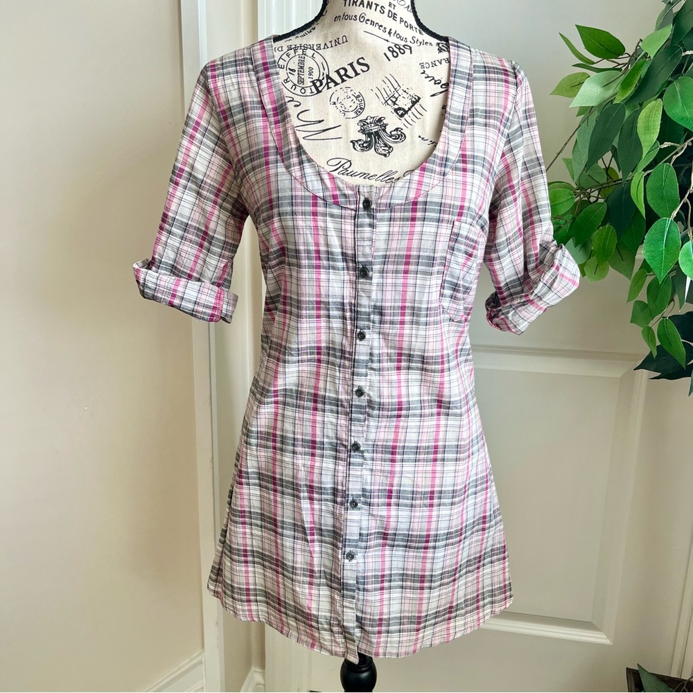 Mandee Plaid Button Down Hip Length Top Pink Sz M